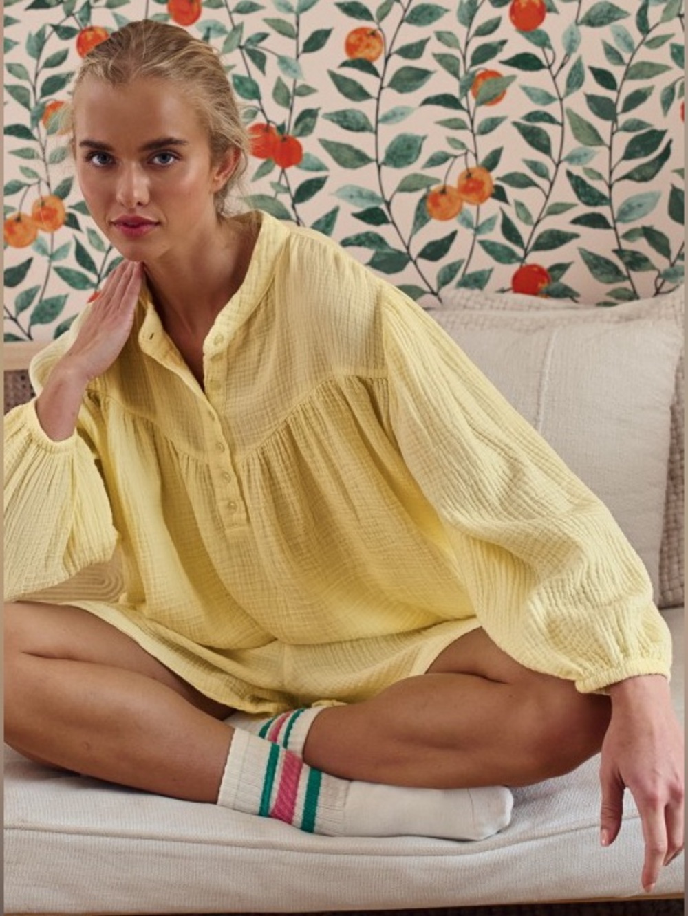 Yellow Two-Piece Cotton Gauze Lounge Set - Henley Style Top + Shorts - Picture 4 of 6